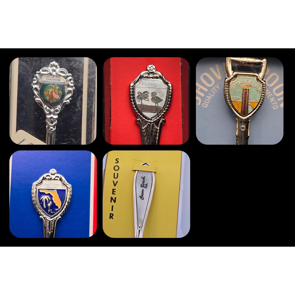 Vintage Florida Souvenir Collector Spoon Set of 5 Cocoa Beach Sarasota Daytona